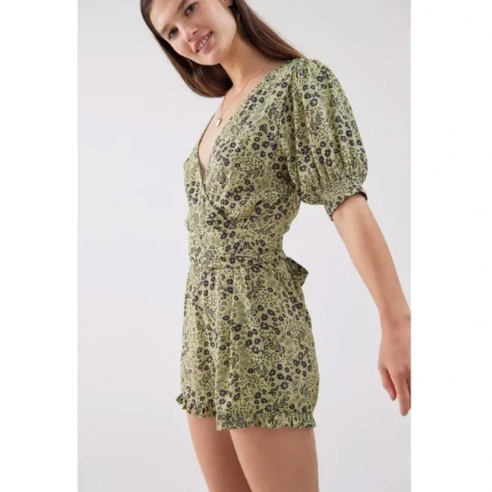 Olive Floral Wrap Romper - Women Pants & Jumpsuits- Urban Outfitters